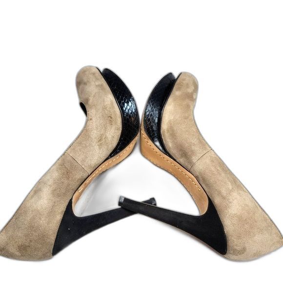 Sam Edelman Ulysa Putty & Black Suede Snakeskin Embossed Platform Heels Size 7 - Picture 4 of 10